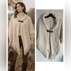 Cream Knit Poncho OS Classic Cozy Heritage Fringe Cape Wrap Layer